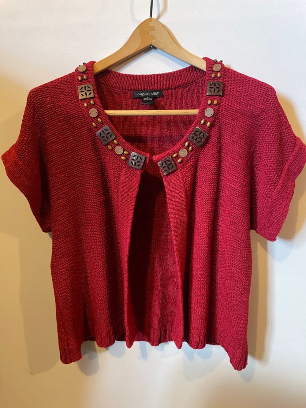 august silk XL burgundy Red Short-Sleeve Knit Cardigan with Decorative Neckline